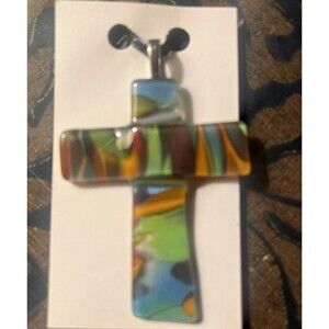 Handmade Colorful Glass Cross Pendant By James Hayes Art Glass Company